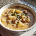 Hearty sausage potato soup served in a rustic bowl with carrots, celery, and fresh herbs in a creamy broth.