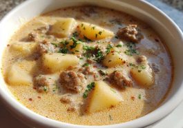 Hearty sausage potato soup served in a rustic bowl with carrots, celery, and fresh herbs in a creamy broth.