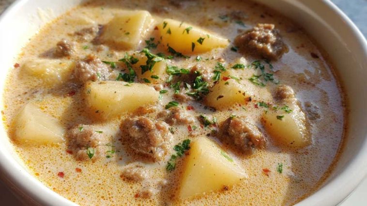 Hearty sausage potato soup served in a rustic bowl with carrots, celery, and fresh herbs in a creamy broth.