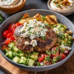Mediterranean burger bowl with seasoned beef, fresh vegetables, hummus, feta cheese, and tzatziki sauce served in a rustic bowl.