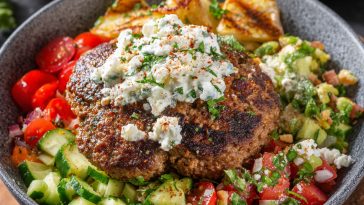 Mediterranean burger bowl with seasoned beef, fresh vegetables, hummus, feta cheese, and tzatziki sauce served in a rustic bowl.