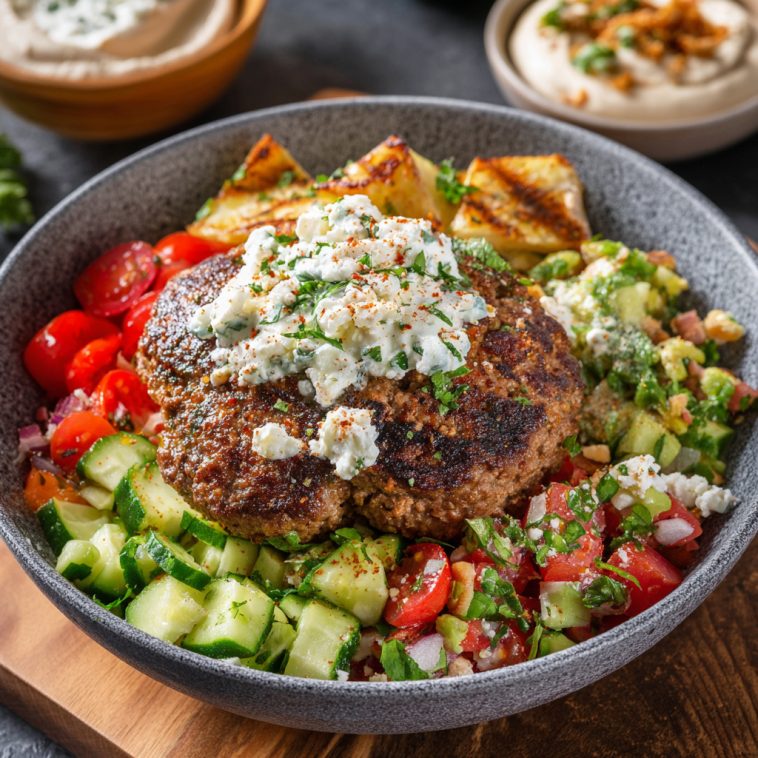 Mediterranean burger bowl with seasoned beef, fresh vegetables, hummus, feta cheese, and tzatziki sauce served in a rustic bowl.