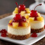 A close-up of mini pineapple upside-down cheesecakes topped with caramelized pineapple rings and cherries, served on a white plate.