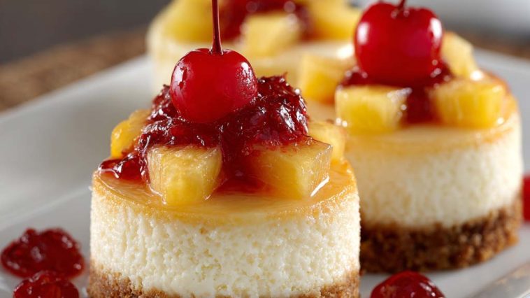 A close-up of mini pineapple upside-down cheesecakes topped with caramelized pineapple rings and cherries, served on a white plate.