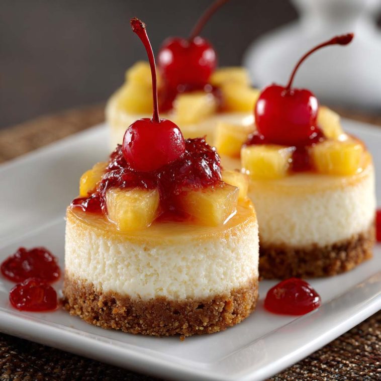 A close-up of mini pineapple upside-down cheesecakes topped with caramelized pineapple rings and cherries, served on a white plate.