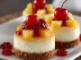 A close-up of mini pineapple upside-down cheesecakes topped with caramelized pineapple rings and cherries, served on a white plate.