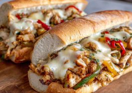 Ultimate Chicken Philly Cheese Steaks Recipe with juicy sliced chicken, sautéed onions and peppers, melted cheese, served in toasted hoagie rolls.