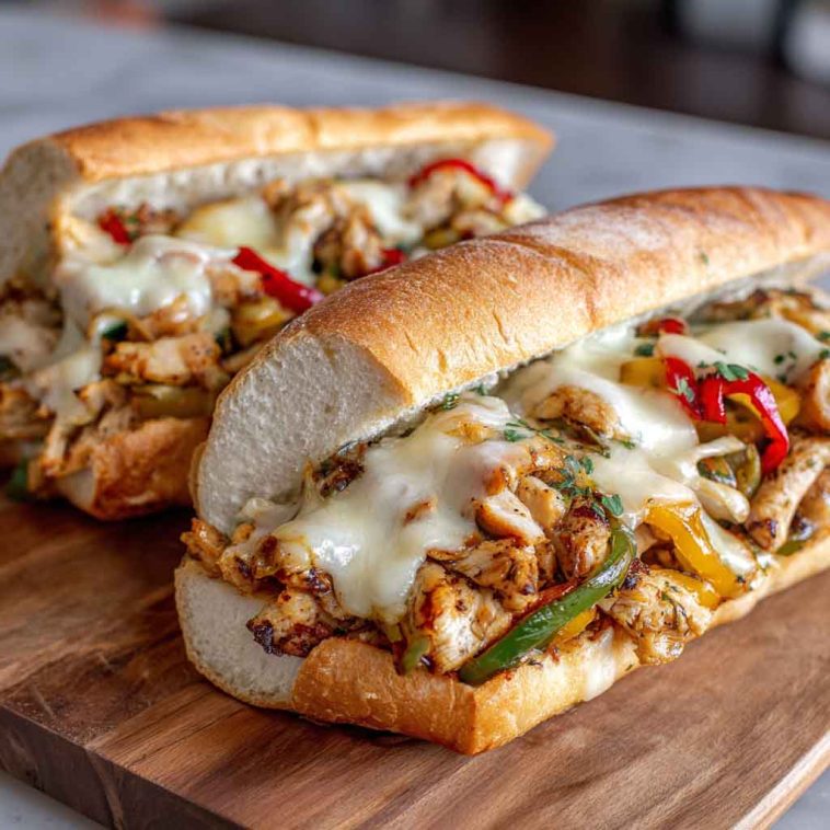 Ultimate Chicken Philly Cheese Steaks Recipe with juicy sliced chicken, sautéed onions and peppers, melted cheese, served in toasted hoagie rolls.