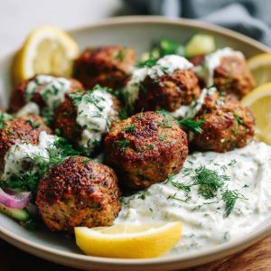 Baked Greek lentil meatballs served with creamy tzatziki sauce, fresh herbs, and a side of vegetables.