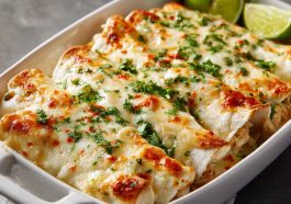 Creamy white rotisserie chicken enchiladas baked in a rich white sauce, topped with melted cheese and fresh herbs in a casserole dish.