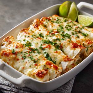 Creamy white rotisserie chicken enchiladas baked in a rich white sauce, topped with melted cheese and fresh herbs in a casserole dish.