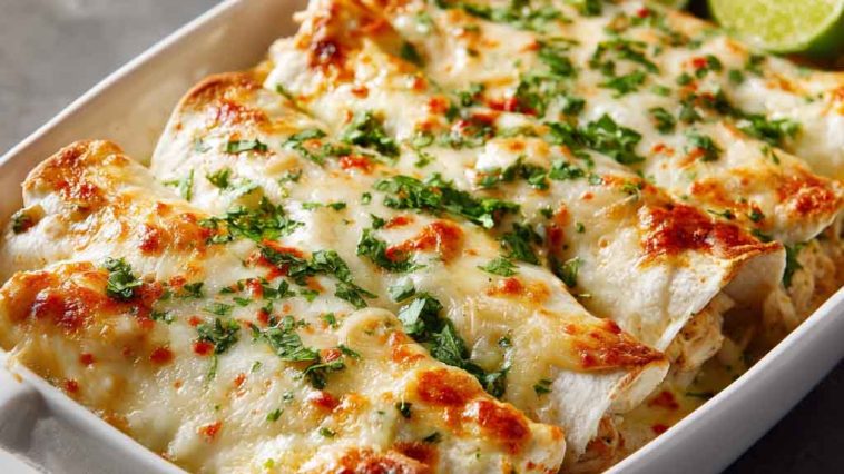 Creamy white rotisserie chicken enchiladas baked in a rich white sauce, topped with melted cheese and fresh herbs in a casserole dish.