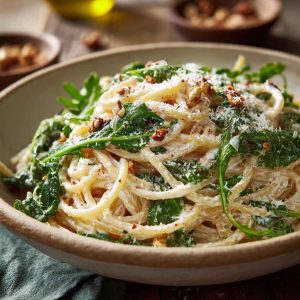 Creamy lemon ricotta pasta with fresh arugula, inspired by Stanley Tucci, served in a bowl with a light, zesty sauce and grated cheese.