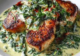 Boneless Pork Chops in Creamy Garlic Spinach Sauce served on a plate with golden-brown pork and creamy spinach sauce.