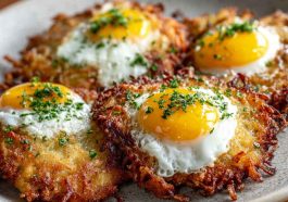 Crispy golden potato latkes topped with perfectly cooked eggs, garnished with fresh herbs.