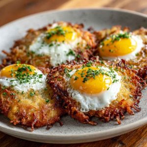 Crispy golden potato latkes topped with perfectly cooked eggs, garnished with fresh herbs.