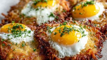 Crispy golden potato latkes topped with perfectly cooked eggs, garnished with fresh herbs.