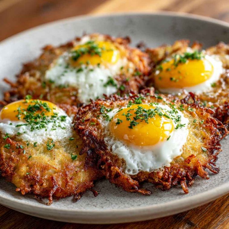 Crispy golden potato latkes topped with perfectly cooked eggs, garnished with fresh herbs.