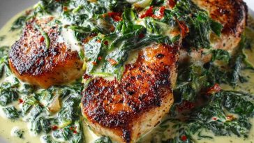 Boneless Pork Chops in Creamy Garlic Spinach Sauce served on a plate with golden-brown pork and creamy spinach sauce.