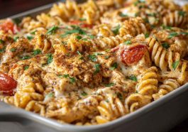 “Baked Cajun chicken pasta with creamy sauce, melted cheese, and fresh herbs in a casserole dish.”