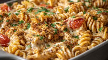 “Baked Cajun chicken pasta with creamy sauce, melted cheese, and fresh herbs in a casserole dish.”