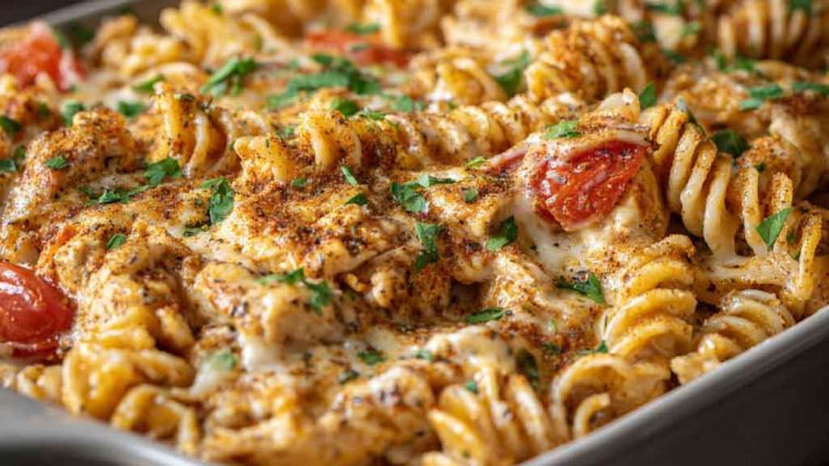 “Baked Cajun chicken pasta with creamy sauce, melted cheese, and fresh herbs in a casserole dish.”