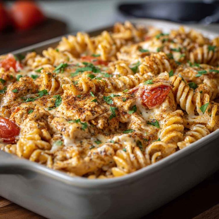 “Baked Cajun chicken pasta with creamy sauce, melted cheese, and fresh herbs in a casserole dish.”