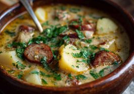 Classic German potato soup with sliced sausage, carrots, and herbs served in a rustic bowl
