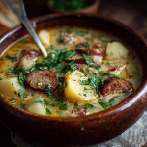 Classic German potato soup with sliced sausage, carrots, and herbs served in a rustic bowl