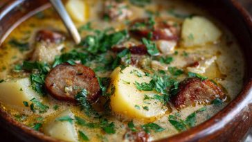 Classic German potato soup with sliced sausage, carrots, and herbs served in a rustic bowl
