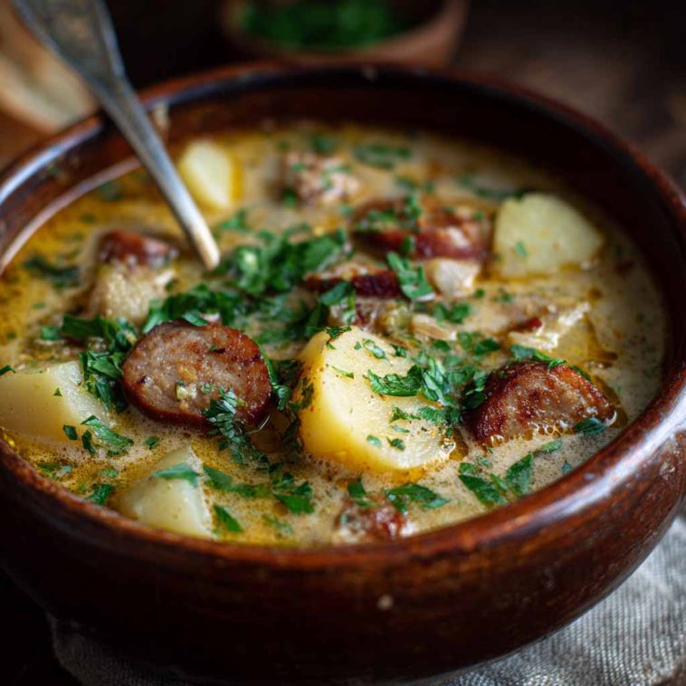 Classic German potato soup with sliced sausage, carrots, and herbs served in a rustic bowl