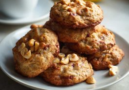 Freshly baked peanut butter banana cookies stacked on a plate with bananas and peanut butter in the background