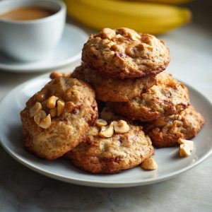 Freshly baked peanut butter banana cookies stacked on a plate with bananas and peanut butter in the background