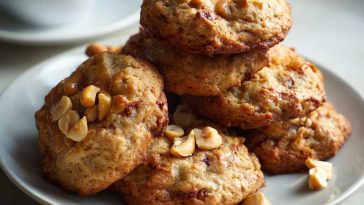 Freshly baked peanut butter banana cookies stacked on a plate with bananas and peanut butter in the background