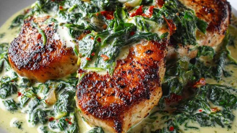 Boneless Pork Chops in Creamy Garlic Spinach Sauce served on a plate with golden-brown pork and creamy spinach sauce.