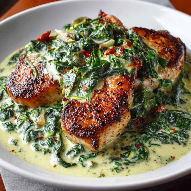 Boneless Pork Chops in Creamy Garlic Spinach Sauce served on a plate with golden-brown pork and creamy spinach sauce.