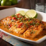 Pan-seared tilapia fillets served with vibrant roasted red pepper sauce and fresh herbs.