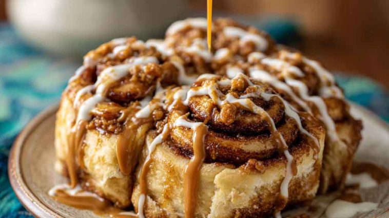 Freshly baked cinnamon rolls drizzled with icing, swirled with Biscoff cookie butter filling, and topped with crushed Biscoff cookies.