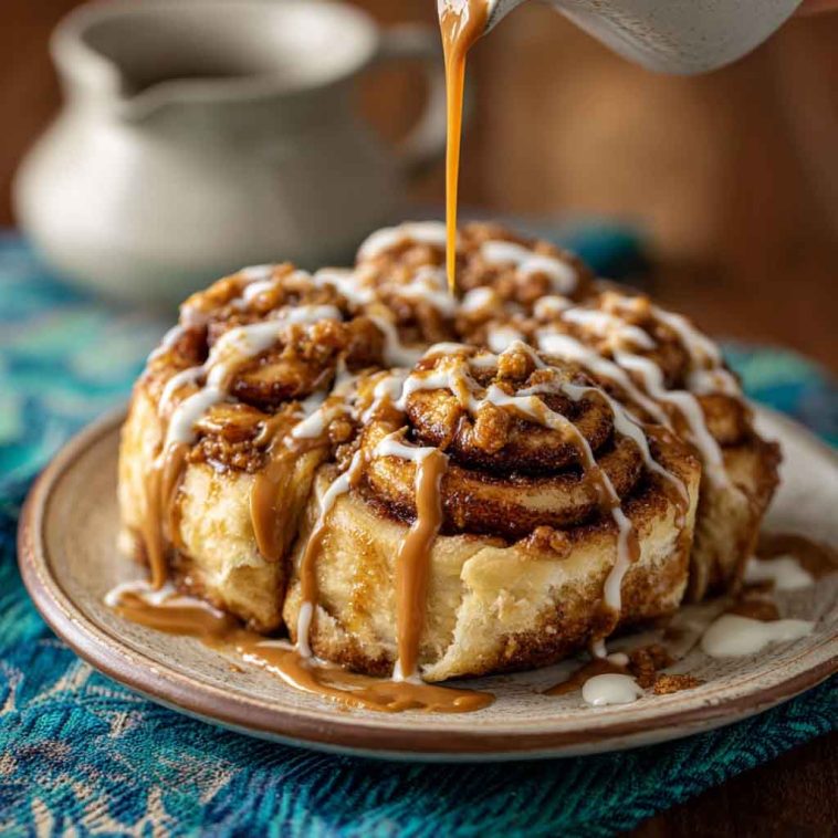 Freshly baked cinnamon rolls drizzled with icing, swirled with Biscoff cookie butter filling, and topped with crushed Biscoff cookies.