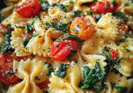 Colorful tomato spinach farfalle pasta served in a bowl with fresh basil, parmesan, and a light garlic sauce.