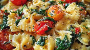 Colorful tomato spinach farfalle pasta served in a bowl with fresh basil, parmesan, and a light garlic sauce.