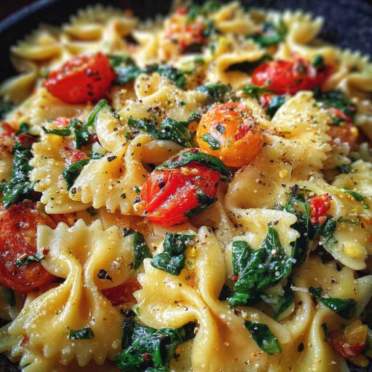Colorful tomato spinach farfalle pasta served in a bowl with fresh basil, parmesan, and a light garlic sauce.