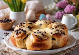 Freshly baked chocolate chip vanilla custard brioches with golden crust, creamy custard filling, and melted chocolate chips on a tray.