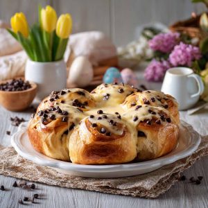 Freshly baked chocolate chip vanilla custard brioches with golden crust, creamy custard filling, and melted chocolate chips on a tray.