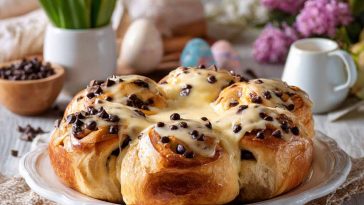 Freshly baked chocolate chip vanilla custard brioches with golden crust, creamy custard filling, and melted chocolate chips on a tray.