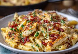 Creamy crack chicken penne pasta made with tender chicken, crispy bacon, cheddar cheese, and a rich ranch-flavored sauce, garnished with parsley.
