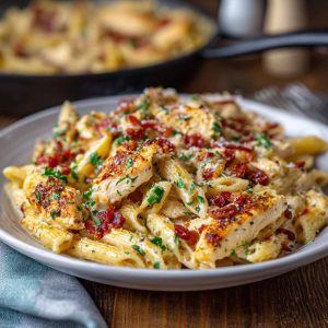 Creamy crack chicken penne pasta made with tender chicken, crispy bacon, cheddar cheese, and a rich ranch-flavored sauce, garnished with parsley.