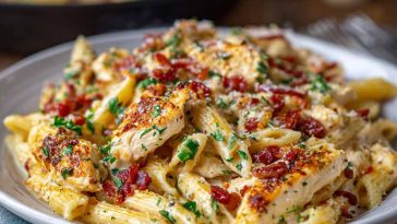 Creamy crack chicken penne pasta made with tender chicken, crispy bacon, cheddar cheese, and a rich ranch-flavored sauce, garnished with parsley.