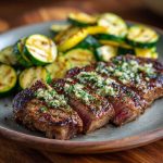 Juicy garlic butter steak bites with sautéed zucchini cooked in a skillet, coated in a rich buttery garlic sauce for a quick and flavorful dinner.