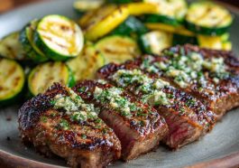 Juicy garlic butter steak bites with sautéed zucchini cooked in a skillet, coated in a rich buttery garlic sauce for a quick and flavorful dinner.